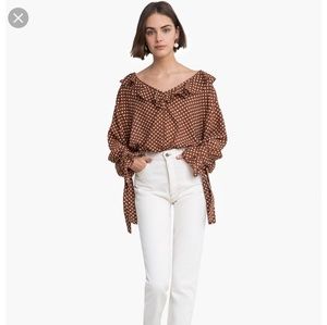 (SOLD) Pixie market ruffled polka dot blouse brown